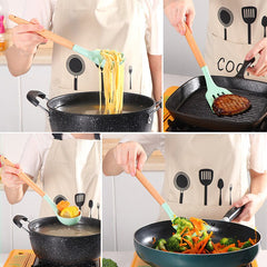 Silicone Kitchen Utensil Set with Wooden Handles and Storage Bucket