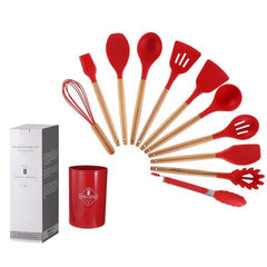 Silicone Kitchen Utensil Set with Wooden Handles and Storage Bucket