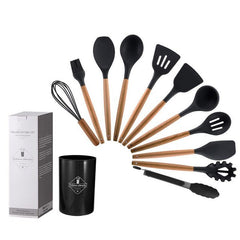 Silicone Kitchen Utensil Set with Wooden Handles and Storage Bucket