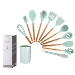 Silicone Kitchen Utensil Set with Wooden Handles and Storage Bucket