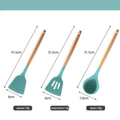 Silicone Kitchen Utensil Set with Wooden Handles and Storage Bucket