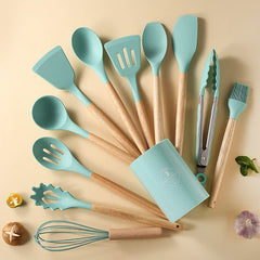 Silicone Kitchen Utensil Set with Wooden Handles and Storage Bucket