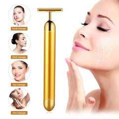 24K Gold Vibrating T-Bar Facial Massage Roller for Skin Revitalization