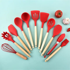 Silicone Kitchen Utensil Set with Wooden Handles and Storage Bucket